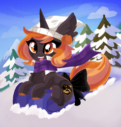 Size: 2378x2500 | Tagged: safe, artist:spookyle, oc, oc only, oc:harvest moon, pony, unicorn, clothes, dark purple coat, female, high res, mare, mountain, scarf, sled, snow, solo, striped scarf, tree