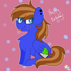 Size: 1024x1024 | Tagged: safe, artist:lazyy-llama, oc, oc:bluebook, pegasus, pony, :p, birthday, colored wings, ear piercing, earring, female, freckles, gift art, glasses, jewelry, mare, pegasus oc, piercing, simple background, sitting, tongue out, two toned mane, wings