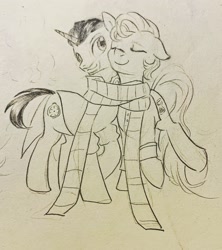 Size: 2268x2558 | Tagged: safe, artist:tulidewo, doctor whooves, time turner, earth pony, pony, g4, clothes, duo, fifth doctor, high res, scarf, shared clothing, shared scarf, striped scarf, the master, traditional art