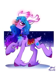 Size: 1074x1368 | Tagged: safe, alternate version, artist:petaltwinkle, izzy moonbow, deer, reindeer, g5, concave belly, female, glowing nose, reindeerified, rudolph nose, saddle, slender, solo, species swap, tack, thin