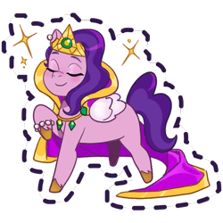 Size: 512x512 | Tagged: safe, gameloft, pipp petals, pegasus, pony, g5, my little pony: mane merge, official, adorapipp, beautiful, blushing, bracelet, clothes, crown, cute, elegant, eyes closed, fancy, female, jewelry, mare, regalia, robe, royalty, simple background, smiling, solo, sparkles, sticker, transparent background, unshorn fetlocks