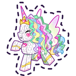 Size: 512x512 | Tagged: safe, gameloft, alicorn, pony, g5, my little pony: mane merge, blush sticker, blushing, crown, eyes closed, heart, jewelry, not celestia, piñata, regalia, simple background, smiling, sparkly mane, sparkly wings, sticker, transparent background, wings