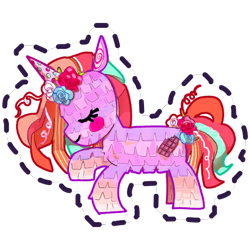 Size: 512x512 | Tagged: safe, gameloft, pony, unicorn, g5, my little pony: mane merge, official, blush sticker, blushing, eyelashes, eyes closed, flower, piñata, rose, simple background, smiling, sticker, transparent background