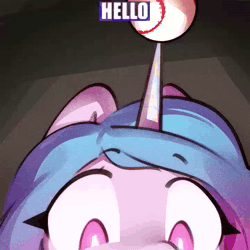 Size: 720x720 | Tagged: safe, artist:mirroredsea, artist:super_starlite, izzy moonbow, sunny starscout, earth pony, pony, unicorn, g5, animated, female, five nights at freddy's, hello, hi, looking at you, looking down, mare, meme, solo, text, this person tried to unlock your phone