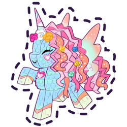 Size: 512x512 | Tagged: safe, gameloft, alicorn, pony, g5, my little pony: mane merge, official, blush sticker, blushing, eyes closed, floral head wreath, flower, flower in hair, heart, piñata, rose, simple background, smiling, sparkly wings, sticker, transparent background, wings