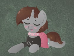 Size: 1027x780 | Tagged: safe, artist:dynamosaysrelax, oc, oc only, oc:zoozy brew, pony, unicorn, blushing, choker, clothes, cute, cute little fangs, eyes closed, fangs, lying down, prone, shirt, skirt, smiling, solo, spiked choker