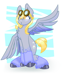 Size: 678x787 | Tagged: safe, artist:flower-black, derpibooru exclusive, derpy hooves, pegasus, pony, g4, goggles, goggles on head, short mane, short tail, simple background, solo, spread wings, tail, unshorn fetlocks, wings