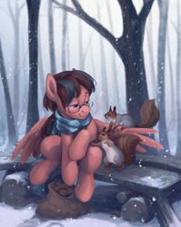 Size: 1970x2470 | Tagged: safe, artist:jewellier, oc, oc only, oc:july red pencil, pegasus, pony, squirrel, bag, bench, clothes, fog, forest, pegasus oc, scarf, sitting, snow, snowfall, solo, striped scarf, tree, walnut