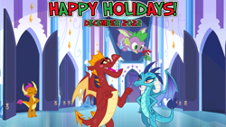 Size: 2063x1161 | Tagged: safe, artist:drakizora, artist:melisareb, artist:memnoch, artist:not-yet-a-brony, garble, princess ember, smolder, spike, dragon, g4, 2022, brother and sister, christmas, crystal empire, december, embarrassed, ember is not amused, female, friendship, happy holidays, hearth's warming, holiday, implied emble, laughing, male, mistletoe, prank, shipper on deck, siblings, song reference, unamused, youtube link in the description