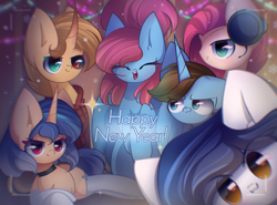 Size: 2300x1700 | Tagged: safe, artist:miryelis, oc, oc only, oc:rainven wep, oc:sharfik, earth pony, pegasus, pony, unicorn, camera shot, clothes, gift art, happy new year, holiday, horn, looking at you, party, sitting, smiling, smiling at you, text, wings