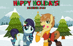 Size: 2064x1321 | Tagged: safe, anonymous artist, artist:cloudy glow, artist:jhayarr23, coloratura, feather bangs, earth pony, pony, g4, 2022, christmas, clothes, colorabangs, december, duet, female, friendship, gaston legume, happy holidays, hearth's warming, holiday, kiss mark, lipstick, lyrics in the description, male, mare, mistleholly, scarf, shipping, singing, smiling, snow, snowfall, stallion, straight, tree, youtube link in the description