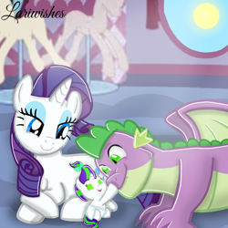 Size: 1300x1300 | Tagged: safe, artist:mlplary6, rarity, spike, oc, oc:pearl, dracony, dragon, hybrid, pony, unicorn, g4, baby, daddy spike, family, female, filly, foal, gigachad spike, interspecies offspring, lying down, male, mama rarity, mare, offspring, older, older spike, papa spike, parent:rarity, parent:spike, parents:sparity, ship:sparity, shipping, smiling, straight
