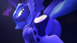 Size: 1280x720 | Tagged: safe, artist:extrachunkthis, princess luna, alicorn, pony, g4, 3d, butt, looking at you, looking back, low angle, moonbutt, plot, s1 luna, source filmmaker, spread wings, wings