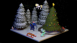 Size: 3840x2160 | Tagged: safe, artist:botxs, derpy hooves, lyra heartstrings, princess luna, alicorn, pegasus, pony, unicorn, g4, 3d, black background, christmas, christmas tree, diorama, engineer, high res, holiday, present, railroad, simple background, sled, snow, snowfall, snowman, source filmmaker, string lights, train, tree