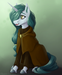 Size: 2500x3000 | Tagged: safe, artist:stardustspix, oc, oc only, oc:bright eyes, pony, unicorn, clothes, hair over one eye, high res, looking to the left, sitting, solo