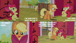 Size: 2000x1125 | Tagged: safe, edit, edited screencap, editor:quoterific, screencap, apple bloom, applejack, g4, somepony to watch over me