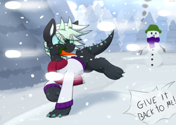 Size: 4092x2893 | Tagged: safe, artist:monycaalot, oc, oc only, oc:jade oni, earth pony, pony, forest, running, snow, snowball, snowfall, snowman, solo, tree