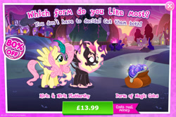 Size: 1958x1298 | Tagged: safe, gameloft, fluttershy, kirin, nirik, winged kirin, g4, my little pony: magic princess, advertisement, cloven hooves, costs real money, duality, english, fangs, female, fire, horn, introduction card, kirin fluttershy, kirin-ified, magic coins, mane of fire, mobile game, numbers, sale, solo, species swap, text