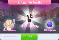 Size: 1270x860 | Tagged: safe, gameloft, fluttershy, kirin, nirik, winged kirin, g4, my little pony: magic princess, bundle, cloven hooves, costs real money, duality, english, fangs, female, fire, friendship bundle, horn, kirin fluttershy, kirin-ified, magic coins, mane of fire, mobile game, numbers, sale, solo, species swap, text