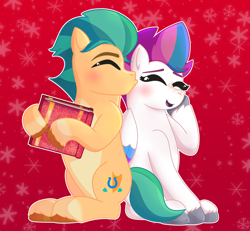 Size: 2342x2160 | Tagged: safe, artist:fantaje3, hitch trailblazer, zipp storm, earth pony, pegasus, pony, g5, affection, album, blushing, christmas, duo, duo male and female, eyes closed, female, high res, holiday, kissing, male, mare, sequins, ship:stormblazer, shipping, smiling, snow, snowflake, stallion, straight