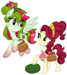 Size: 3662x4096 | Tagged: safe, artist:sjart117, cherry jubilee, oc, oc:watermelana, earth pony, pegasus, pony, g4, basket, cherry, female, flying, food, freckles, fruit, gradient hooves, mare, mole, movie accurate, simple background, transparent background, watermelon, wings