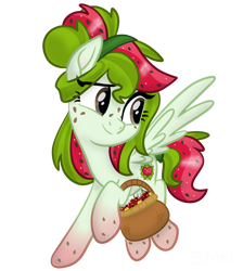 Size: 3662x4096 | Tagged: safe, artist:sjart117, oc, oc only, oc:watermelana, pegasus, pony, basket, cherry, female, flying, food, freckles, fruit, gradient hooves, mare, movie accurate, pegasus oc, simple background, transparent background, wings