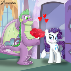 Size: 1300x1300 | Tagged: safe, artist:mlplary6, rarity, spike, dragon, pony, unicorn, g4, blushing, bouquet, bouquet of flowers, female, flower, gigachad spike, heart, looking at each other, looking at someone, love, male, mare, older, older spike, ship:sparity, shipping, smiling, straight