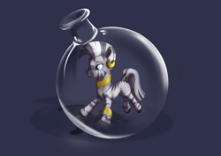 Size: 3034x2145 | Tagged: safe, artist:delfinaluther, zecora, earth pony, pony, zebra, g4, black and white, blue background, blue eyes, bottle, ear fluff, female, grayscale, high res, indoors, jewelry, monochrome, object, pony in a bottle, potion, simple background, stuck, worried, worried smile