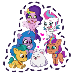 Size: 512x512 | Tagged: safe, gameloft, cloudpuff, hitch trailblazer, izzy moonbow, pipp petals, sunny starscout, zipp storm, dog, earth pony, flying pomeranian, pegasus, pomeranian, pony, unicorn, g5, my little pony: mane merge, official, baby, baby pony, blushing, cloudbetes, coat markings, colt, colt hitch trailblazer, crossed arms, cute, filly, filly izzy moonbow, filly pipp petals, filly sunny starscout, filly zipp storm, flying, foal, grin, group, headband, heart, heart eyes, jewelry, looking at someone, mane five, mane stripe sunny, open mouth, open smile, petting, puppy, puppy cloudpuff, regalia, royal sisters (g5), sash, sextet, siblings, simple background, sisters, smiling, socks (coat markings), spread wings, squishy cheeks, sticker, tooth, transparent background, unshorn fetlocks, wingding eyes, winged dog, wings, younger