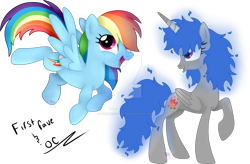 Size: 1600x1048 | Tagged: safe, artist:pure-blue-heart, rainbow dash, oc, oc:blue flame, alicorn, pegasus, pony, g4, alicorn oc, blue hair, concave belly, deviantart watermark, duo, female, fire hair, flying, folded wings, horn, mare, multicolored hair, obtrusive watermark, open mouth, physique difference, purple eyes, rainbow hair, raised hoof, simple background, slender, spread wings, thin, transparent background, watermark, wings