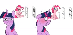 Size: 1983x974 | Tagged: safe, artist:draw3, pinkie pie, twilight sparkle, alicorn, earth pony, pony, g4, angry, blushing, cartoon physics, comic, double slit experiment, faic, female, floppy ears, frown, glare, grin, looking back, mare, observer effect, physics, pinkie being pinkie, pinkie physics, quantum physics, simple background, sitting, smiling, smirk, twiface, twilight sparkle (alicorn), unamused, underhoof, white background, wide eyes