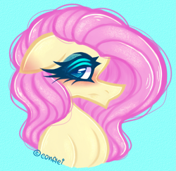 Size: 1137x1106 | Tagged: safe, artist:conflei, fluttershy, pegasus, pony, g4, blue background, blushing, bust, eyelashes, female, frown, makeup, mare, simple background, solo