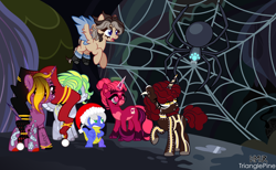 Size: 3000x1848 | Tagged: safe, artist:howie, oc, oc only, oc:azula, oc:cloud drift, oc:hidden gems, oc:venus red heart, alicorn, bat pony, bat pony alicorn, dragon, pegasus, pony, spider, unicorn, icey-verse, alicorn oc, augmented, augmented tail, bat pony oc, bat wings, boots, cave, christmas, clothes, commission, dragon oc, ear piercing, earring, eyebrow piercing, female, flying, freckles, glasses, hat, holiday, horn, horn ring, jewelry, macro, male, mare, markings, necklace, non-pony oc, nose piercing, nose ring, offspring, open mouth, parent:daring do, parent:doctor caballeron, parents:daballeron, piercing, raised hoof, ring, santa hat, shoes, socks, spider web, tail, tattoo, unshorn fetlocks, wings, ych result