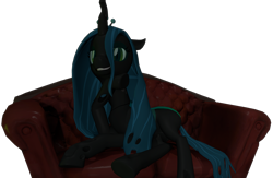 Size: 3299x2147 | Tagged: source needed, safe, artist:xafilah, queen chrysalis, changeling, g4, 3d, couch, female, gmod, high res, looking at you, simple background, smiling, smiling at you, solo, source filmmaker, transparent background