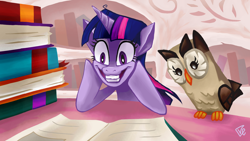 Size: 1920x1080 | Tagged: safe, artist:veanakart, owlowiscious, twilight sparkle, bird, owl, pony, unicorn, g4, book, faic, female, golden oaks library, hooves on cheeks, library, male, manic grin, mare, studying, that pony sure does love books, twilight snapple, unicorn twilight