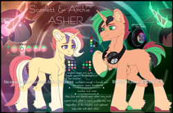 Size: 3800x2500 | Tagged: safe, artist:medkit, oc, oc only, oc:archie asher, oc:scarlett asher, pony, unicorn, big eyes, brother, brother and sister, duo, eyes open, female, headphones, high res, horseshoes, long tail, looking at each other, looking at someone, magic, magic aura, male, mare, missing cutie mark, multicolored hair, paint tool sai 2, raised hoof, reference sheet, short mane, short tail, siblings, sister, smiling, stallion, standing, tail, watermark