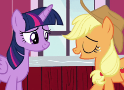 Size: 720x524 | Tagged: safe, screencap, applejack, twilight sparkle, alicorn, earth pony, pony, g4, harvesting memories, my little pony: friendship is forever, animated, cropped, cute, daaaaaaaaaaaw, duo, eye contact, eyes closed, female, gif, hug, jackabetes, looking at each other, looking at someone, mare, smiling, sweet apple acres, twiabetes, twilight sparkle (alicorn)