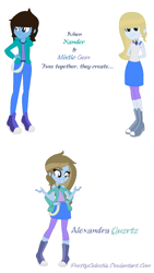 Size: 700x1244 | Tagged: dead source, safe, artist:prettycelestia, oc, oc only, oc:alexandra quzrtz, oc:mistic gem, oc:xander, human, equestria girls, g4, belt buckle, boots, clothes, fusion, heterochromia, high heel boots, jacket, multiple arms, pants, ponytail, shoes, simple background, white background