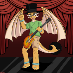 Size: 468x468 | Tagged: safe, artist:darkest-lunar-flower, oc, oc only, oc:myoozik the dragon, dragon, anklet, bracelet, brown eyes, clothes, commission, curtains, dragon oc, glasses, green shirt, guitar, hat, jewelry, male, musical instrument, necklace, non-pony oc, pants, playing guitar, playing instrument, shorts, signature, solo, spread wings, standing, tail, toe ring, top hat, watermark, wings