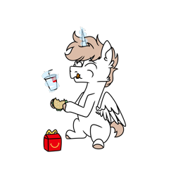 Size: 900x900 | Tagged: safe, artist:fuckomcfuck, oc, oc:rat, alicorn, pony, alicorn oc, burger, drink, eating, food, happy meal, horn, mcdonald's, simple background, solo, transparent background, wings