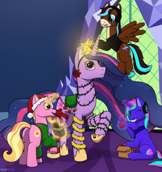 Size: 2091x2221 | Tagged: safe, artist:passionpanther, luster dawn, twilight sparkle, oc, oc:heartbeat, oc:melody, alicorn, pegasus, pony, unicorn, g4, the last problem, bauble, being a christmas tree, christmas, christmas lights, christmas ornament, christmas outfit, christmas star, decoration, flying, folded wings, funny, glowing, glowing horn, hat, hearth's warming, height difference, high res, holiday, horn, humor, indoors, magic, magic aura, older, older twilight, older twilight sparkle (alicorn), pegasus oc, physique difference, princess twilight 2.0, raised hoof, santa hat, slender, spread wings, standing, tall, telekinesis, thin, tinsel, twilight sparkle (alicorn), twilight's castle, unicorn oc, wings