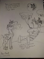 Size: 3468x4624 | Tagged: safe, artist:newguy, princess celestia, alicorn, pony, g4, bridge, butt, castle of the royal pony sisters, everfree forest, female, lyrics, mare, mare in the moon, moon, pink floyd, plot, rope bridge, sketch, text, traditional art
