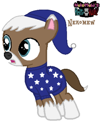Size: 337x410 | Tagged: safe, artist:princess-paige-place-of-fun, earth pony, pony, g4, clothes, colt, foal, hat, logo, male, nekomew, nekomew's potty trouble, nightcap, pajamas, ponified, rule 85, simple background, stars, text, transparent background