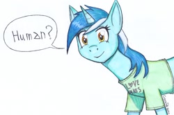 Size: 1533x1020 | Tagged: safe, artist:strategeak, lyra heartstrings, pony, unicorn, g4, clothes, female, implied human, mare, shirt, simple background, solo, t-shirt, that pony sure does love humans, white background