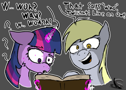 Size: 1169x835 | Tagged: safe, artist:steelstroke, derpy hooves, twilight sparkle, alicorn, pegasus, pony, g4, brainwashed, derp, dumb, duo, hypnosis, illiteracy, intelligence loss, reading, twilight sparkle (alicorn)