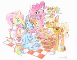 Size: 1519x1186 | Tagged: safe, artist:_night_milk, applejack, fluttershy, pinkie pie, rainbow dash, earth pony, pegasus, pony, g4, apple, basket, cup, cupcake, female, food, honey, mare, mouth hold, picnic, picnic basket, picnic blanket, sandwich, signature, simple background, teacup, teapot, traditional art, white background