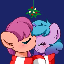 Size: 1285x1285 | Tagged: safe, artist:kittyrosie, izzy moonbow, sunny starscout, earth pony, pony, unicorn, g5, blue background, clothes, commissioner:raritybro, duo, eyes closed, female, lesbian, mistleholly, scarf, shared clothing, shared scarf, ship:moonscout, shipping, simple background, striped scarf