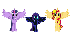 Size: 1280x720 | Tagged: safe, artist:alari1234-bases, artist:taionafan369, sunset shimmer, twilight sparkle, oc, oc:nyx, alicorn, pony, series:the chronicles of nyx, series:the next generation, series:the nyxian alliance, g4, alicorn oc, alicornified, base artist:alari1234-bases, base artist:taionafan369, base used, base:alari1234-bases, base:taionafan369, female, horn, race swap, recolor, shimmercorn, simple background, slit pupils, trio, trio female, turquose iris, turquose sclera, twilight sparkle (alicorn), white background, wings