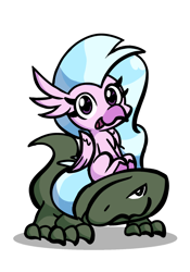 Size: 942x1346 | Tagged: safe, artist:derp pone, derpibooru exclusive, silverstream, hippogriff, komodo dragon, lizard, g4, chibi, cute, diastreamies, duo, female, happy, looking at you, open mouth, open smile, pet, riding, simple background, sitting, smiling, white background