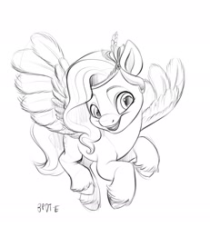Size: 2000x2164 | Tagged: safe, artist:brdte, pipp petals, pegasus, pony, g5, adorapipp, cute, female, flying, grayscale, high res, mare, monochrome, open mouth, open smile, signature, simple background, smiling, solo, spread wings, white background, wings
